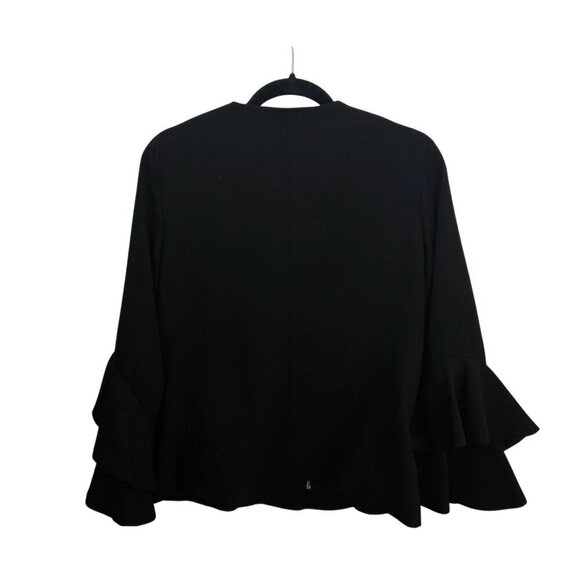 Nanette Lepore Black Round Neck Tiered Sleeve Full Zip Blazer Pockets Size 4 - Picture 2 of 6